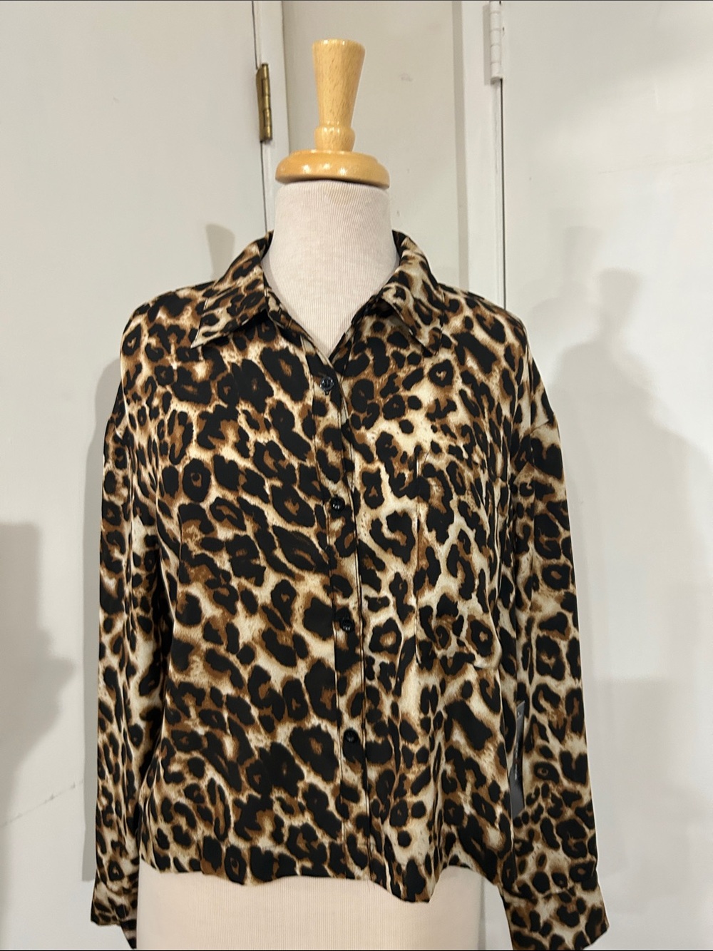 Moa Moa Leopard Print Button-Up Blouse in Black, Brown, Cream